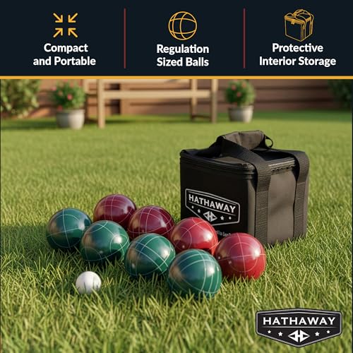 Hathaway Bocce Ball Set - Includes 8 3.5" Resin Bocce Balls, a 1.5" Pallino Ball, Official Rule Book, & Nylon Carrying Bag - Basic Bocce Ball Game Set for Beach Outings, Backyards, & More
