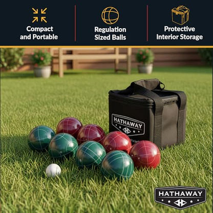 Hathaway Bocce Ball Set - Includes 8 3.5" Resin Bocce Balls, a 1.5" Pallino Ball, Official Rule Book, & Nylon Carrying Bag - Basic Bocce Ball Game Set for Beach Outings, Backyards, & More