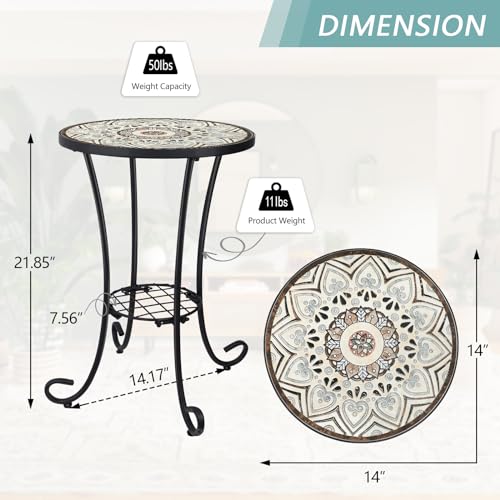 VCUTEKA Outdoor Side Table Mosaic Patio Table Accent Tables Mosaic Tile Top Metal Frame Small End Tables Porch Beach Patio Garden Balcony Brown 14'' - color: Brown