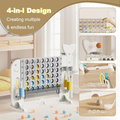 4-to-Score Giant Game Set, 4-in-1 Indoor Outdoor Yard Family Connect Game (4-in-a-Row + Basketball + Ring Toss + Mini Golf), Height Adjustable 2.5–3.3FT, Includes Carry Bag - size: 56"x19"x49"-White&Gray