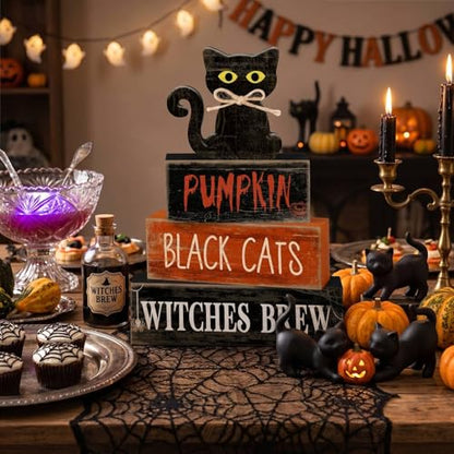 Lineshading 4 Pcs Halloween Table Decoration Black Cat Wooden Stacked Block, "Pumpkin Black Cats Witches Brew" Signs Spooky Halloween Tiered Tray Decor Rustic Gothic Centerpiece for Home Coffee Bar - style: Black Cat