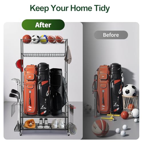 SmarketBuy Golf Bag Storage Organizer for Garage – 3 Golf Bags Rack with Wheels, Heavy Duty Steel Golf Equipment Storage Stand with Club Display Shelf & 4 Hooks, 300 lbs Capacity