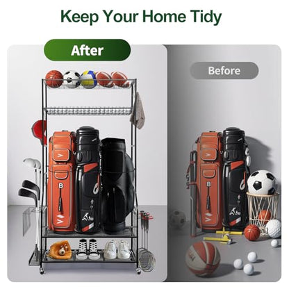 SmarketBuy Golf Bag Storage Organizer for Garage – 3 Golf Bags Rack with Wheels, Heavy Duty Steel Golf Equipment Storage Stand with Club Display Shelf & 4 Hooks, 300 lbs Capacity