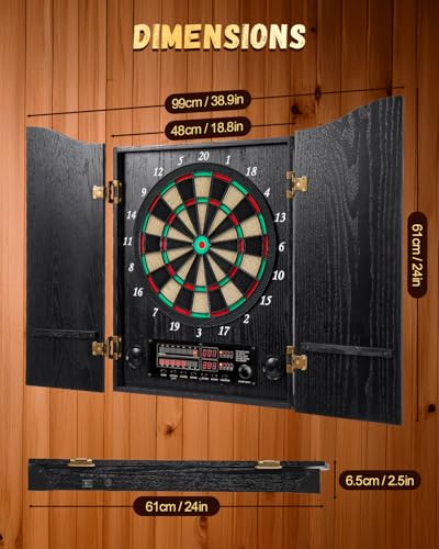 Electronic Dart Board, Decorative Dart Board Cabinet Set for Adults [12*Bronze Soft Tip Darts] [Cricket Game Mode]- Wooden Electric Dartboard Cabinet for Family Game Rooms - style: BLACK