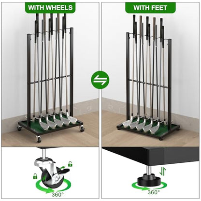 Golf Club Holder Floor Stand Golf Putter Stand with Wheels for 10 Clubs, Solid Metal Golf Club Organizer, Golf Club Storage Rack Cart for Garage Home Office, Indoor and Outdoor Use, Black