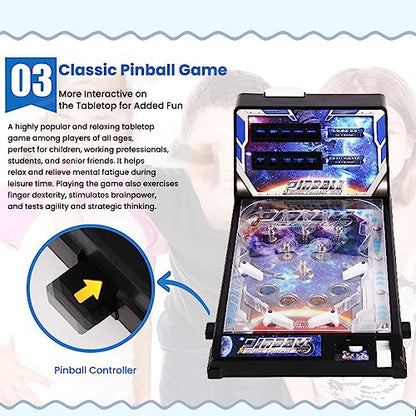 Rasul Mini Pinball Games, Electronic Tabletop Pinball Machine Shooting Toy for Indoor Game Room with Light and Scorekeeper, Desktop Ball Game Retro Nostalgia Arcade Machine for Kids Adults