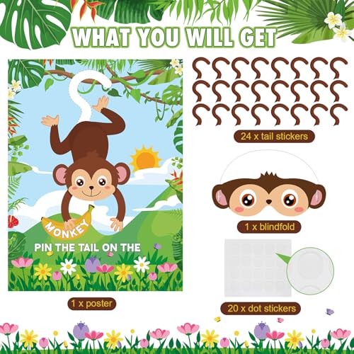 Faccito Jungle Animal Games Pin The Tail on The Monkey Safari Animal Birthday Party Games with Monkey Poster 24 Pcs Tail Stickers and Blindfold for Safari Jungle Zoo Forest Party Decorations Supplies - style: Animal