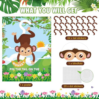 Faccito Jungle Animal Games Pin The Tail on The Monkey Safari Animal Birthday Party Games with Monkey Poster 24 Pcs Tail Stickers and Blindfold for Safari Jungle Zoo Forest Party Decorations Supplies - style: Animal