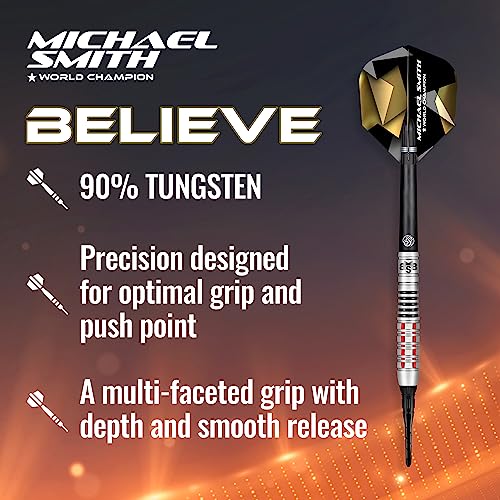 Shot! Darts Soft Tip, Michael Smith Believe (18g / 20g), 90% Tungsten Barrel, Front Weighted, Handcrafted Professional Dart Set & Flights Made in New Zealand, Plastic Tip for Electronic Dartboard