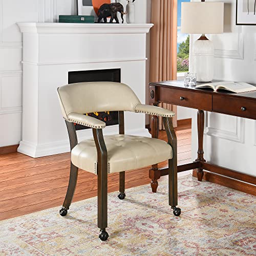 Set of 4 Dining Leather Chairs with Casters & Arms, Accent Captain Chair with Wheels, Roller Wood Wheeled Chairs for Kitchen & Game Poker Table,Espresso&Beige 1910BG(NO Table!) - color: Espresso&beige