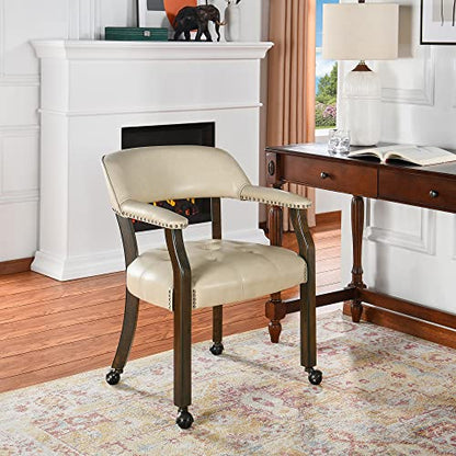 Set of 4 Dining Leather Chairs with Casters & Arms, Accent Captain Chair with Wheels, Roller Wood Wheeled Chairs for Kitchen & Game Poker Table,Espresso&Beige 1910BG(NO Table!) - color: Espresso&beige