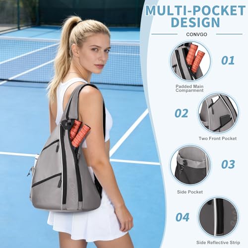 Pickleball Bag for Women Men, Adjustable Pickleball Backpack, 2 in 1 Sports Sling Bag for Pickleball Tennis - color: Grey