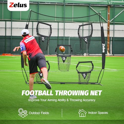 ZELUS Football Throwing Net, Quarterback Training Equipment with 5 Target Pockets, Football Practice Throwing Passing Accuracy Trainer with Carry Bag Ground Stakes for Kids Adults - color: Black, size: 8×8