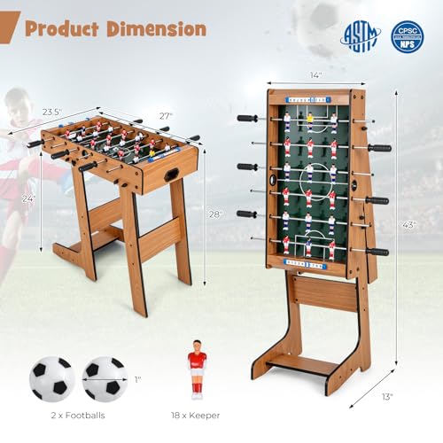 GYMAX Folding Foosball Table, Freestanding Soccer Game Table with 2 Balls for Family, Home, Game Room Teens Adult - style: Natural,27 inch