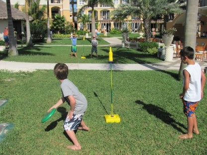 Bottle Bash USA Outdoor Flying Disc Game Set + Poleish Sports Bottle Bash Multi Surface Bases