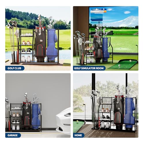 GarveeLife Golf Bag Organizer, Sports Equipment Organizer, Sports Organizer for Garage, Golf Bag Stand for Garage with Baskets, Hooks