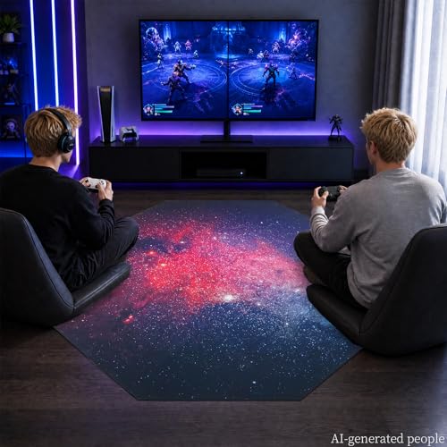 USTIDE Large Gaming Chair Mat Soft Non-Slip Low-Pile Outer Space Rug Washable Starry Sky Floor Mat for Bedroom Living Room Noise Reducing Carpet for Kids Teen Adults 51"x51" - color: Navy/Red