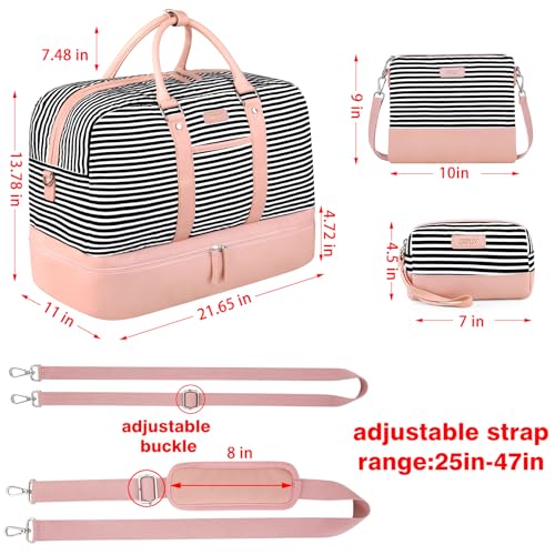 Weekender Bag for Women, Large Overnight Bag Canvas Travel Duffel Bag Carry On Tote with Shoe Compartment 21" 3Pcs Set - color: A07-pink+black & white stripes