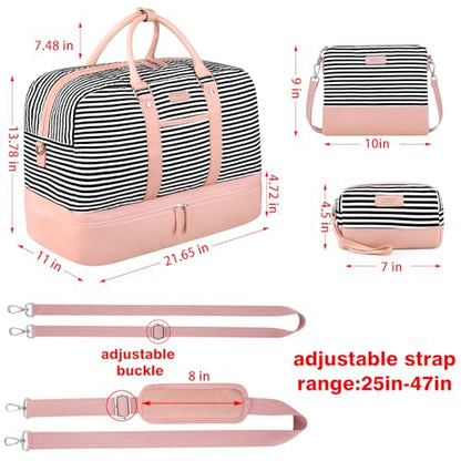 Weekender Bag for Women, Large Overnight Bag Canvas Travel Duffel Bag Carry On Tote with Shoe Compartment 21" 3Pcs Set - color: A07-pink+black & white stripes