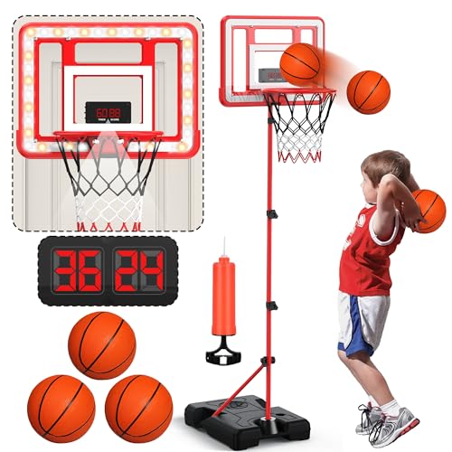 Kids Indoor Basketball Hoop with Scoreboard & Timer,Toddler Adjustable Height Basketball Goal Toy for Outdoor Backyard,Sports Game Play - style: Red Stand & Door