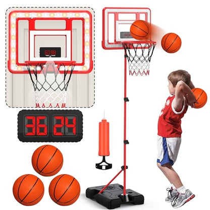 Kids Indoor Basketball Hoop with Scoreboard & Timer,Toddler Adjustable Height Basketball Goal Toy for Outdoor Backyard,Sports Game Play - style: Red Stand & Door