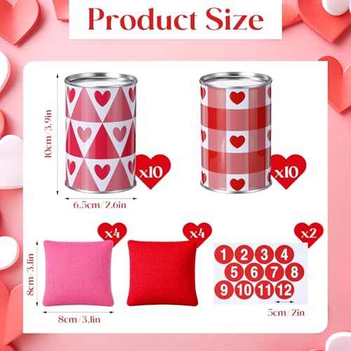 30 Pcs Valentine's Day Carnival Bean Bag Toss Party Game, Knock Down Can Games Set, Includes 20 Metal Can 8 Bean Bags 2 Set Number Stickers for Outdoor and Indoor Games Carnival Party