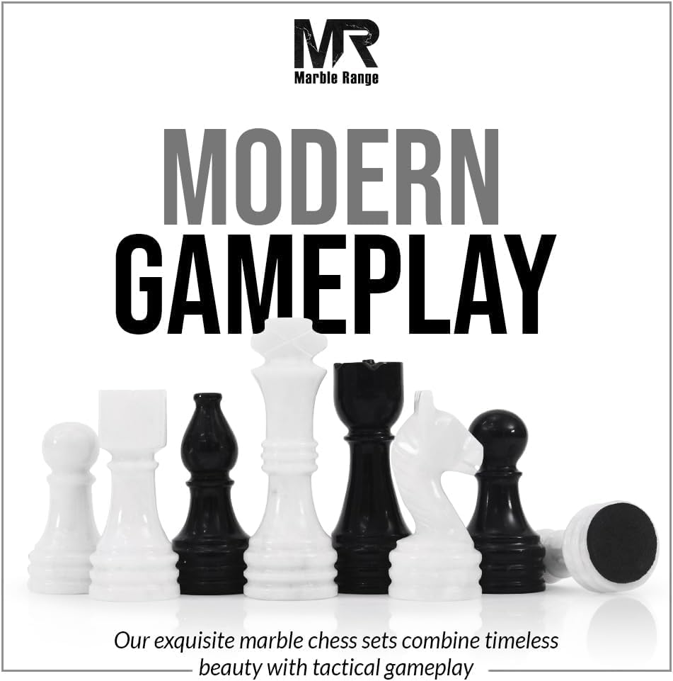 Marble Chess Set 15" Inches Black and White with Storage Box and 2 Extra Queen Handmade Luxury Board Games for Adults, Ideal Marble Chess Board Game Set & Chess Pieces - color: Black & White