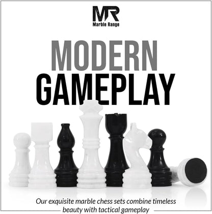 Marble Chess Set 15" Inches Black and White with Storage Box and 2 Extra Queen Handmade Luxury Board Games for Adults, Ideal Marble Chess Board Game Set & Chess Pieces - color: Black & White