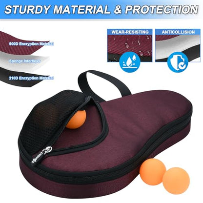 Cosmos Table Tennis Paddle Bag Paddles Case Cover Waterproof Ping Pong Racket Bat Storage Case Holder with Ping Pong Ball Mesh Storage Pocket Organizer, Fits 2 Paddles - color: Burgundy