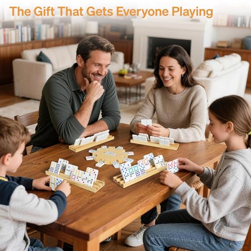 ELONGDI Mexican Train Double 12 Dominoes Set with 4 Wooden Trays/Racks in Portable Carrying Case Colorful 91 Tiles & 9 Trains Board Game for Family Game Night