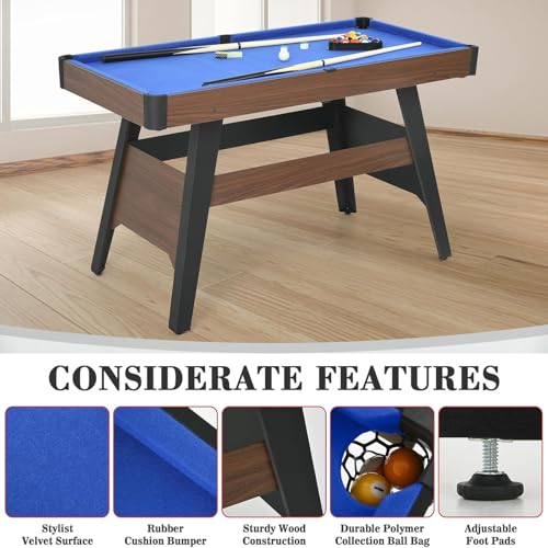 Pool Table Set with 2 Sticks 16 Balls Triangle Chalk Brush, Portable Wooden Billiards Game Table for Kids, Indoor Family Party Game Room and Playroom Fun - color: 54 Inch-blue