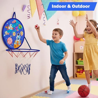 2 in 1 Basketball Hoop and Dart Board, 14" Dart Board for Kids, Basketball Hoop for Kids Toddlers, Sports & Outdoor Play, Birthday Gift Toys for 3 4 5 6 7 8 9 10 Year Old Boys Girls Kids, Party Favors - style: 2 in 1 Blue Outer Space Theme