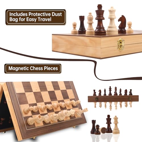 Ajedrez Magnetic Wooden Chess Set with Staunton Pieces, 15" Solid Wood Folding Chess Board with 2 Extra Queens, Internal Storage Slots for Adults Kids, Gift Box - color: Natural Wood Color