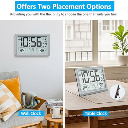 Atomic Clock Wall with Indoor/Outdoor Temp, Battery Operated Digital Wall Clock with 10.5" Large LCD Display, 330ft Range Desk Table Clock with Alarm, DST, Calendar for Living Room, Silver-gray - color: Silver-gray