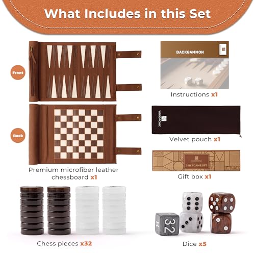 Woodronic 3 in 1 Chess Checkers Backgammon Set, Roll-up Leather Travel Chess Board Game, Portable Travel Backgammon Game Set for Adult, Travel Checkers Game with 32 Amber Pearl Pieces and 5 Dices - color: Espresso