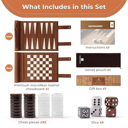 Woodronic 3 in 1 Chess Checkers Backgammon Set, Roll-up Leather Travel Chess Board Game, Portable Travel Backgammon Game Set for Adult, Travel Checkers Game with 32 Amber Pearl Pieces and 5 Dices - color: Espresso