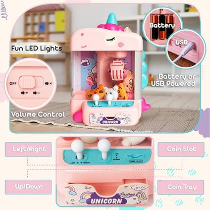 Claw Machine for Kids - Mini Arcade Game - Vending Machine - Candy Grabber Toys - Silent Mode, Lights, USB - Plush Toys & Easter Eggs, Surprise Stickers - Fun Gift for Kids, Boys & Girls (Unicorn) - style: Unicorn