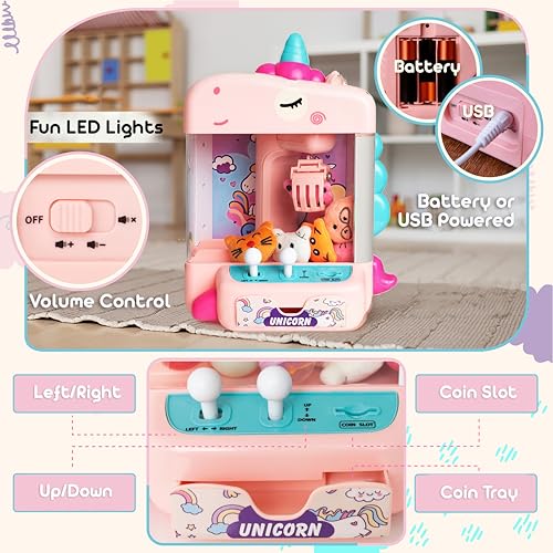 Claw Machine for Kids - Mini Arcade Game - Vending Machine - Candy Grabber Toys - Silent Mode, Lights, USB - Plush Toys & Easter Eggs, Surprise Stickers - Fun Gift for Kids, Boys & Girls (Unicorn) - style: Unicorn