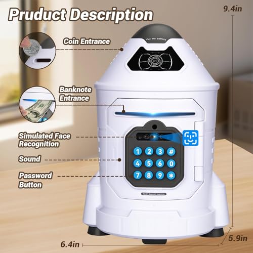 GONINO Piggy Bank for Boys, Electronic Kids Safe Money Bank with Password & Face ID Simulation, Rocket Ship ATM Piggy Bank for Real Money, Kids Bank Birthday Gifts for Boys Ages 5-12
