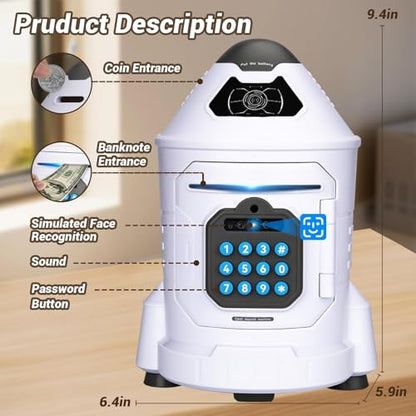 GONINO Piggy Bank for Boys, Electronic Kids Safe Money Bank with Password & Face ID Simulation, Rocket Ship ATM Piggy Bank for Real Money, Kids Bank Birthday Gifts for Boys Ages 5-12