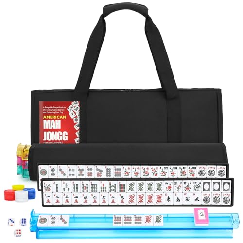 American Mahjong Tile Set,166 White Tiles Mahjong Set,4 Colors Mahjong Racks,Travel Mahjong Set with Black Carrying Bag - style: Black Bag