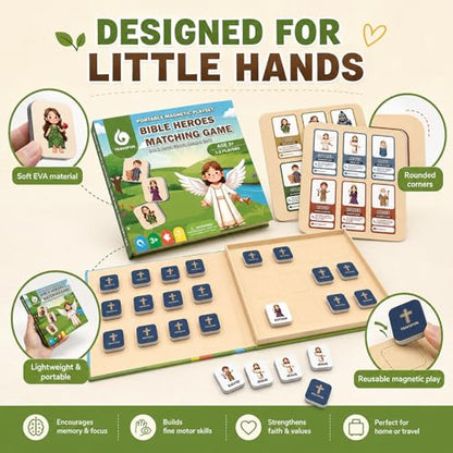 TRAVOFUN Bible Heroes Matching Game for Kids, Portable Magnetic Memory Game with Clue Cards, Christian Travel Toy for Church Quiet Time, Screen-Free Bible Game for Ages 3+, 1-2 Players - style: Bible Heroes Game