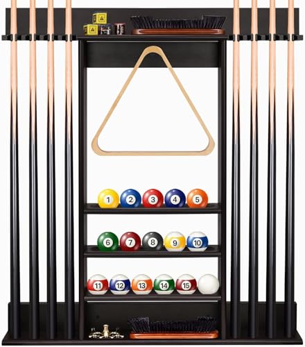 Pool Cue Rack, Bamboo Wall Mount Pool Sticks Holder, Holds 8 Cues and Full Set of Balls, Pool Table Accessories Organizer for Billiard Room or Club - Dark Brown - color: Dark Brown