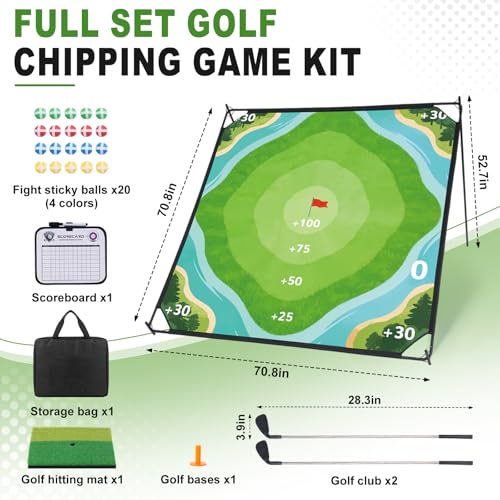 71"×71" Golf Chipping Game Outdoor Indoor, Double Sided Golf Chipping Practice Set with Hitting Mat, Golf Club, Sticky Ball,Scoreboard