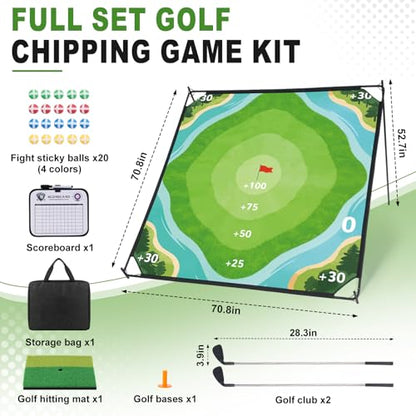 71"×71" Golf Chipping Game Outdoor Indoor, Double Sided Golf Chipping Practice Set with Hitting Mat, Golf Club, Sticky Ball,Scoreboard