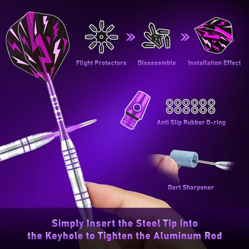 XAWU 3 Pack Steel Tip Darts Set Professional Darts 22g, 24g with 9 Dart Flights 3 Aluminum Shafts 3 Spare Shafts 1 Dart Sharpener 12 Rubber O-Rings Flight Protector and Darts Case - color: 24g Moonlight Purple