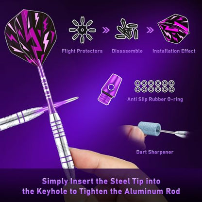 XAWU 3 Pack Steel Tip Darts Set Professional Darts 22g, 24g with 9 Dart Flights 3 Aluminum Shafts 3 Spare Shafts 1 Dart Sharpener 12 Rubber O-Rings Flight Protector and Darts Case - color: 24g Moonlight Purple