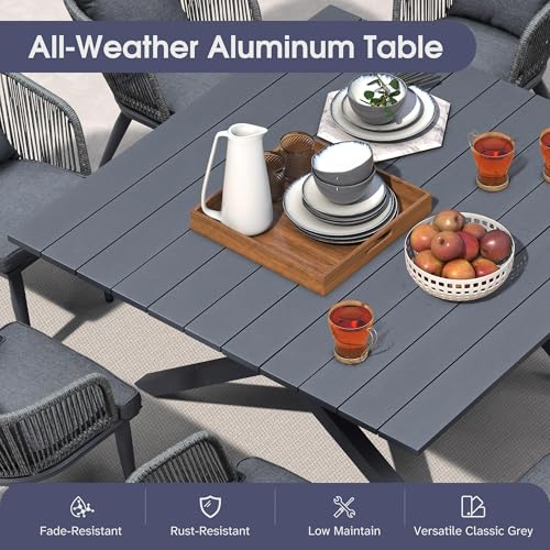 PURPLE LEAF 9 Pieces Outdoor Metal Furniture Set Patio Conversation Sets Dining Set, 1 Square Dining Table and 8 Modern Chairs with Cushions Seat Grey - color: Grey, size: 9 Pcs, style: Square