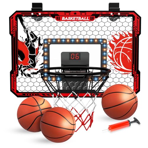 Over The Door Basketball Hoop, 2025 Upgrade Indoor Basketball Hoop with LED Lights and Scoreboard, Includes 3 Balls & Pump, Toys Gifts for3 4 5 6 7 8 9 10 11 12 Year Old Boys - Mini Basketball Hoop