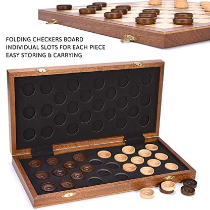 VAMSLOVE 14inch Checkers Folding Wooden Game Set, 8x8 Classic Checkerboard International Checkers Draughts Board 64 Square with Pieces Storage Slots (Instructions Included)
